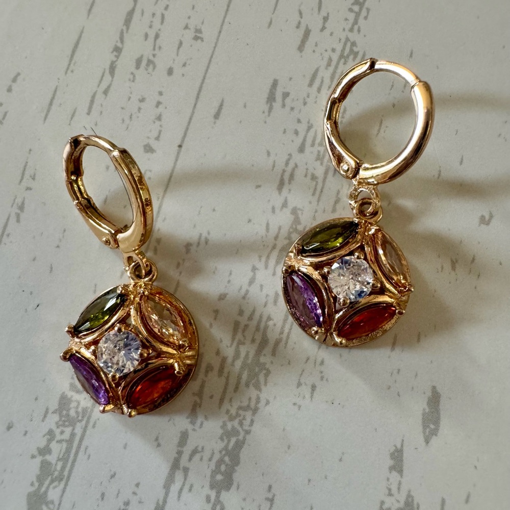 Yazilind Gold Multicolor Gemstone Hoop Huggies with ball drop pair Earrings